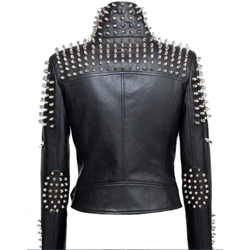 Women's Genuine Leather Studded Punk Rivet Zipper Slim Fit Winter Style Cropped Jacket